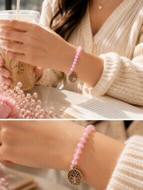 PINK Cat Eye Bead Stretch Bracelet with Tree of Life Charm | New & Handcrafted